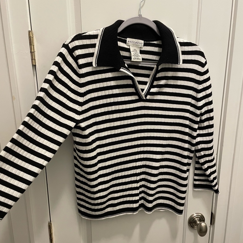 Vintage White Stag Black and White Stripe Cotton Polo V-neck Sweater Siz…